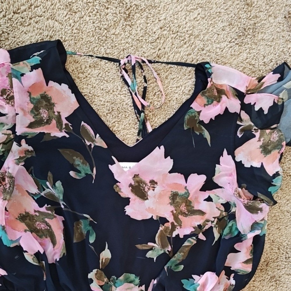 Emma & Michele Floral Chiffon High Low Dress 3X Navy Pink Used‎ Cottagecore - Picture 8 of 16